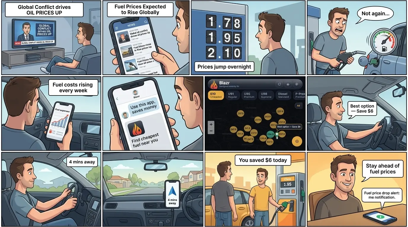 BlazrAI storyboard: driver sees oil price news, gets shocked at the bowser, a friend recommends the app, finds cheapest nearby station, saves $6, receives a price drop alert