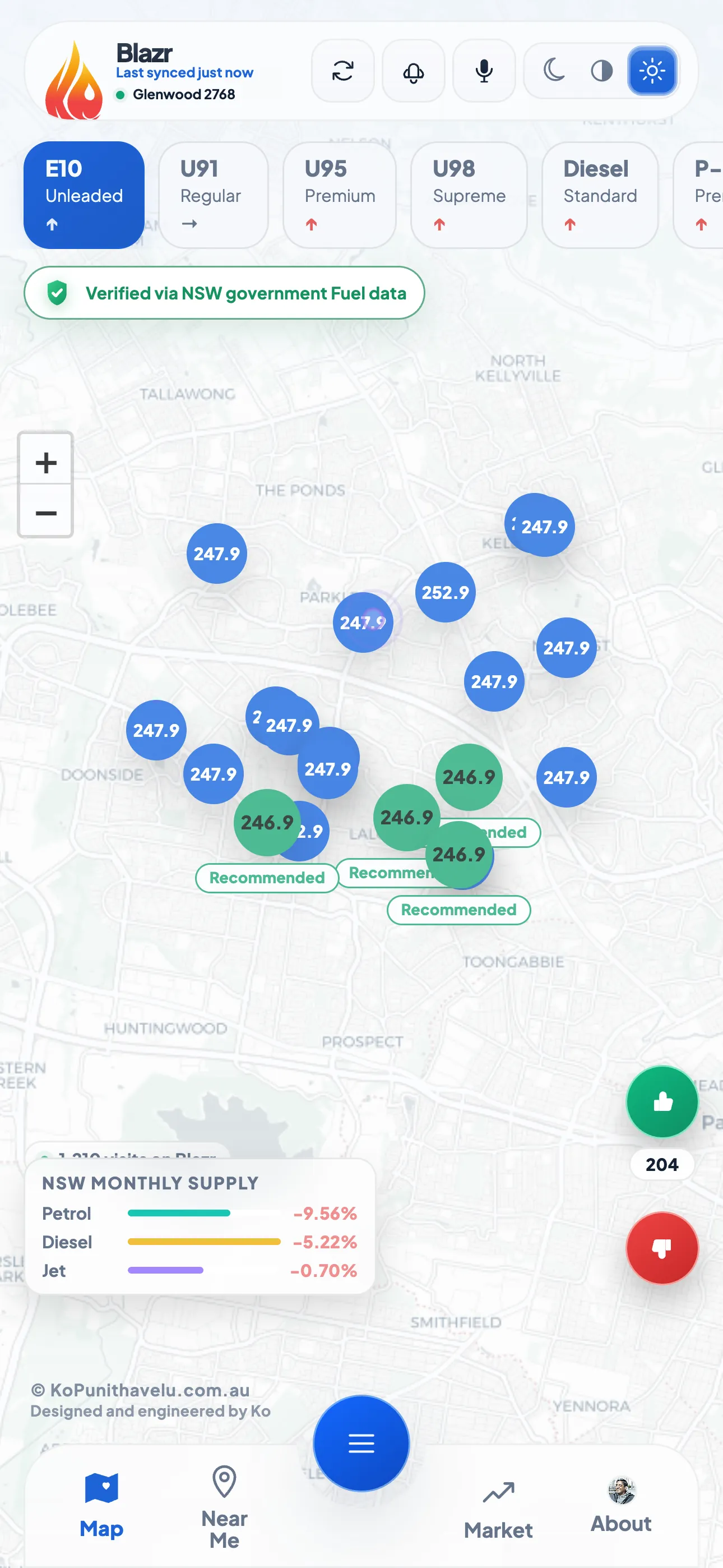 BlazrAI E10 map view with live pricing markers