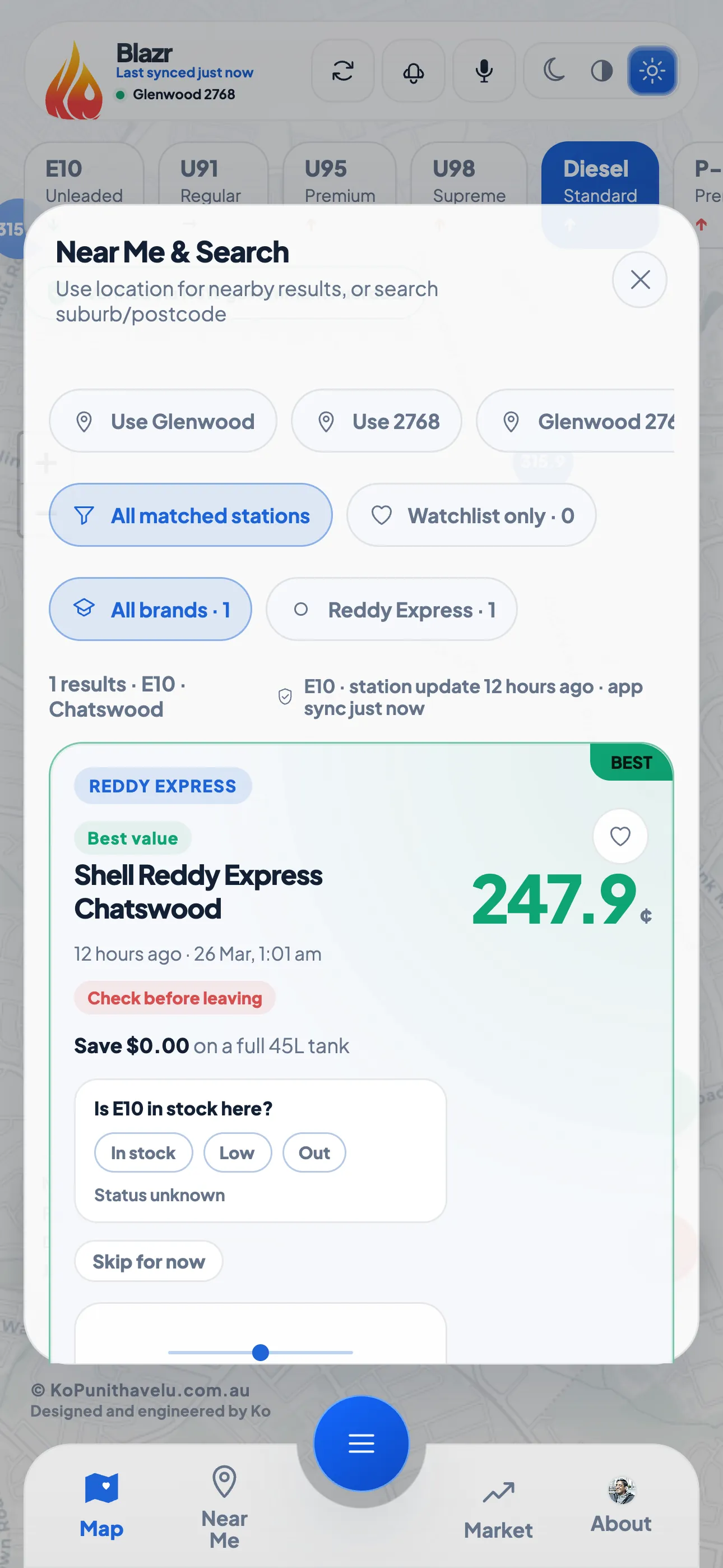 Blazr Near Me search surface with manual suburb and postcode fallback